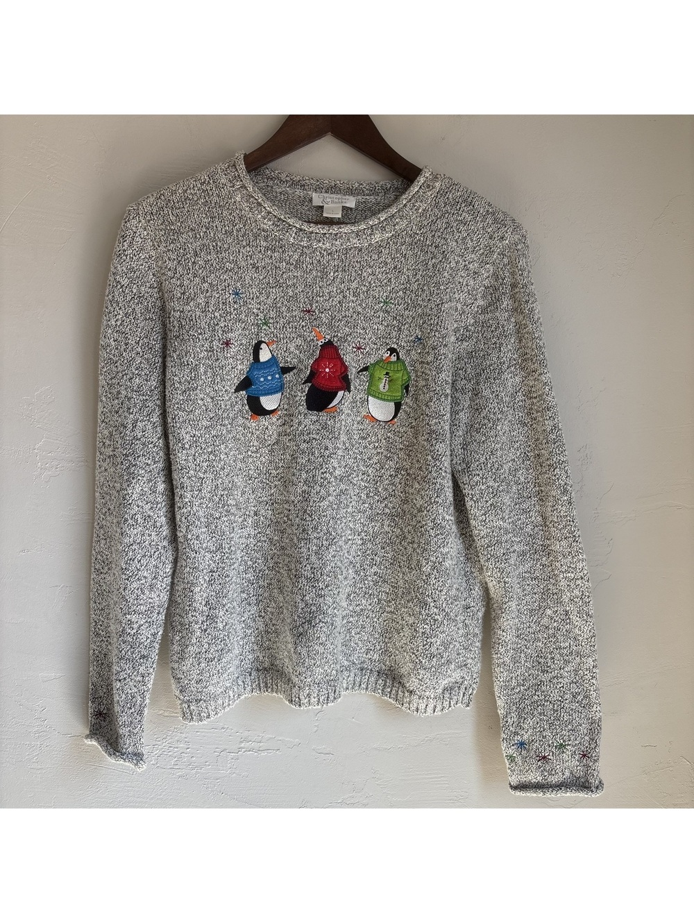 Christopher & Banks Vintage Grey Embroidered Penguin Snowflake Sweater Large